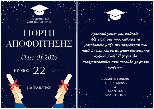  Δευτέρα 22 Ιουνίου 2026,   ώρα  20:30  – Πρόσκληση στην Τελετή Αποφοίτησης  της Γ΄ Τάξης του 11ου ΓΕΛ Πατρών.